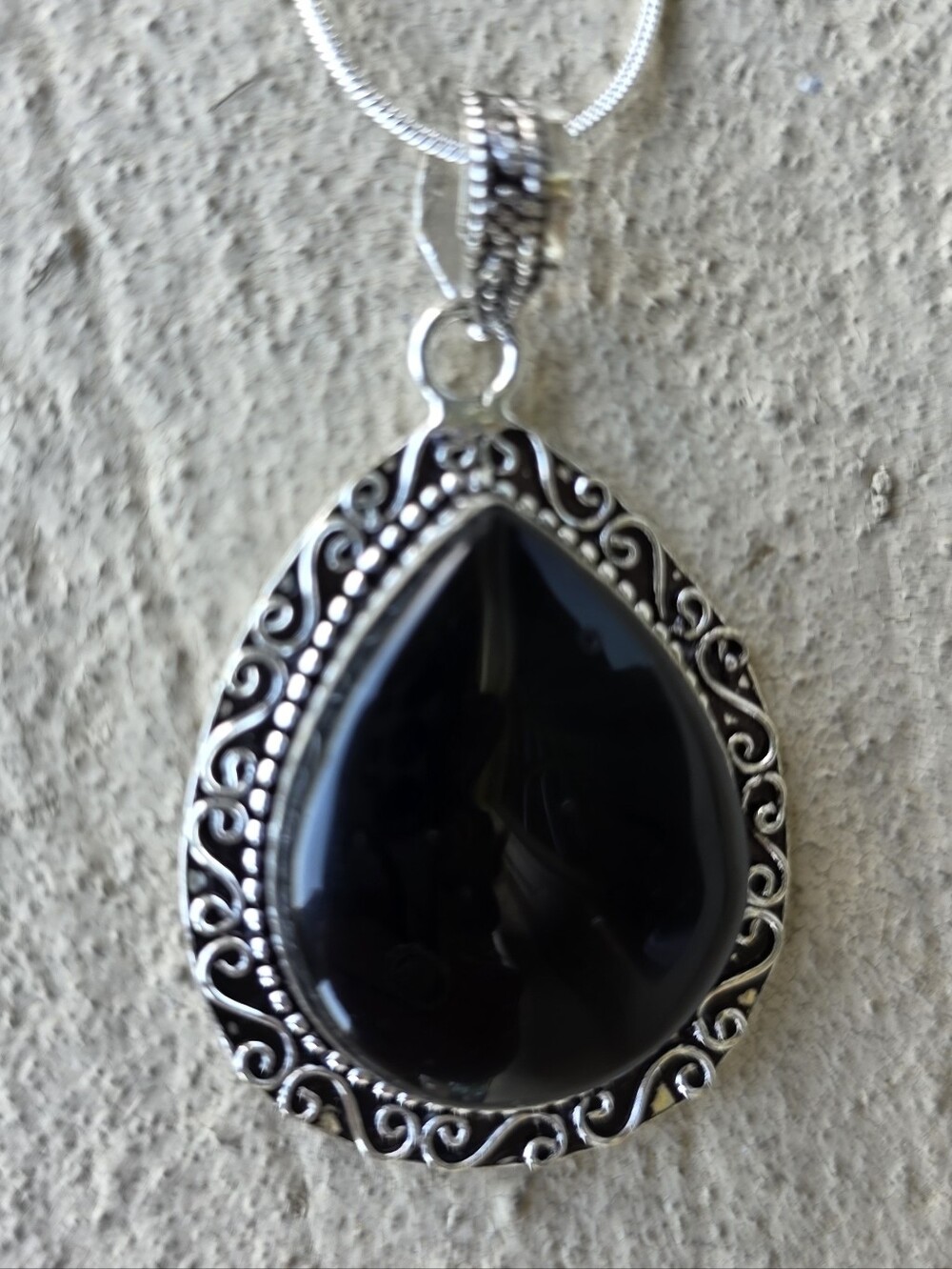 Black Onyx Gemstone Pendant Necklace In 925 Sterling Silver (2.5")